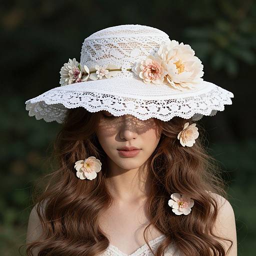 Photograph of a young woman with long, wavy brown hair, wearing a white lace sunhat adorned with peach roses, and matching earrings, set