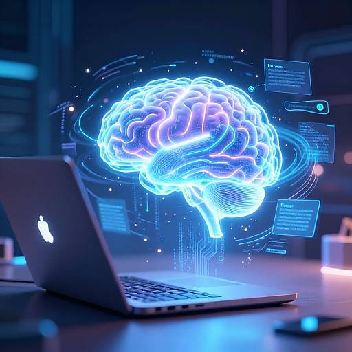 Photograph of a glowing blue brain hologram above a MacBook, surrounded by digital text and lines, in a dark, futuristic office.