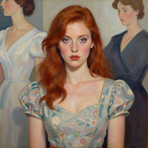 Impressionist painting of a red-haired woman with blue floral dress, flanked by two other women in white and dark blue dresses.