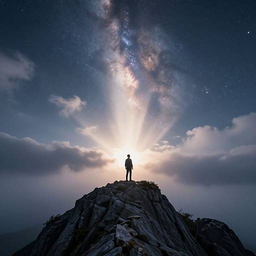 Silhouetted figure stands atop rocky peak, gazing at radiant Milky Way galaxy and star-studded sky, dramatic clouds in background.