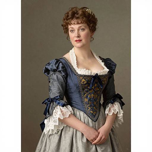 Photograph of a fair-skinned woman in a blue, lace-trimmed, Victorian-style dress with an ornate corset, brown curly hair