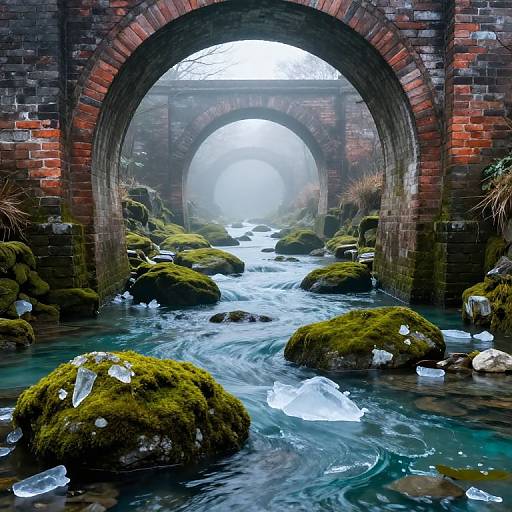 Photograph of a misty, moss-covered stream flowing through a brick archway, with floating ice cubes, surrounded by rocky terrain.