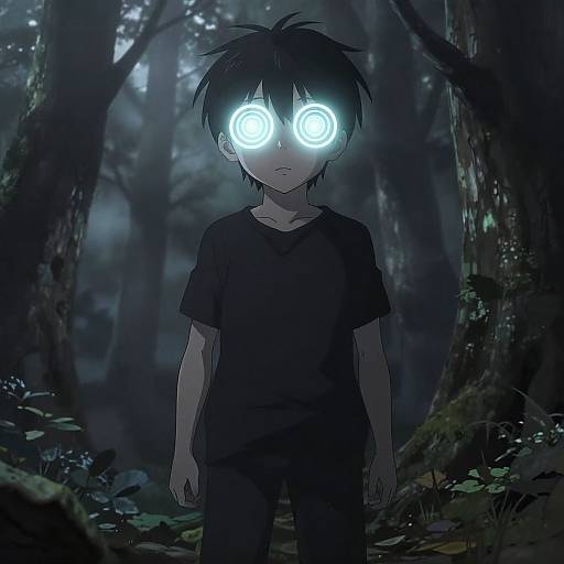Digital anime-style drawing of a boy with glowing white spiral eyes, black messy hair, and black shirt, standing in a dark, misty forest.