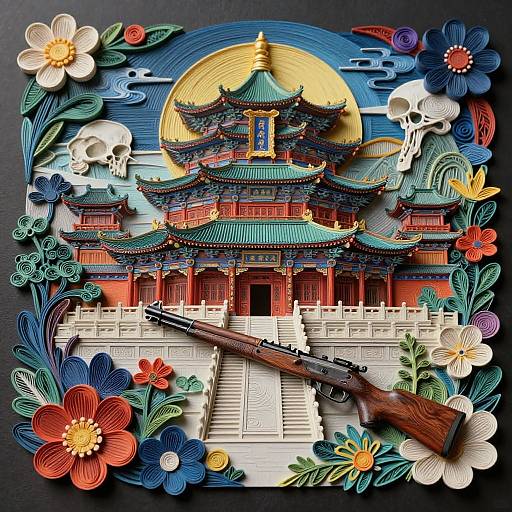 Colorful 3D papercraft of traditional Chinese temple with green roofs, skulls, vibrant flowers, and a rifle on white steps, under a
