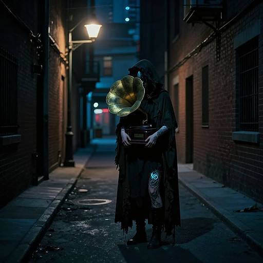 Photograph of a mysterious figure in dark, tattered clothing, wearing a helmet and a glowing brass horn, standing in a dimly lit, narrow