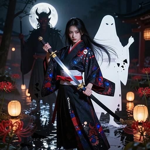 Japanese Demon Slayer Woman with Ghosts