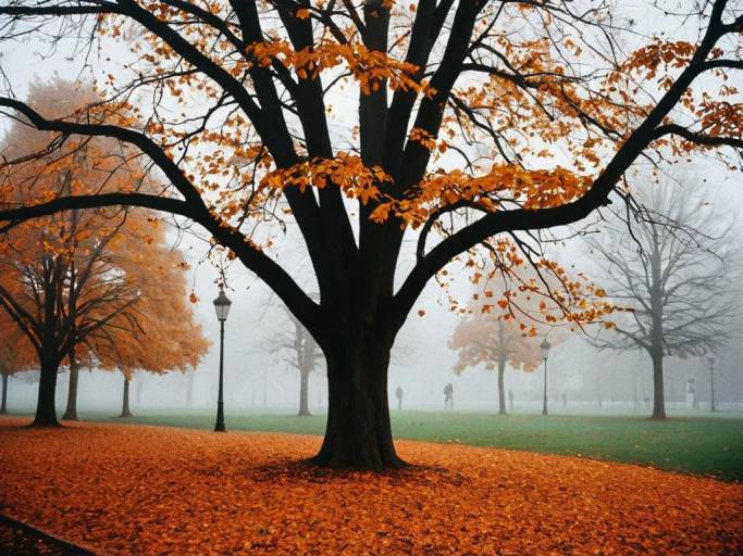 Autumn Serenity: Foggy Tree Wallpaper