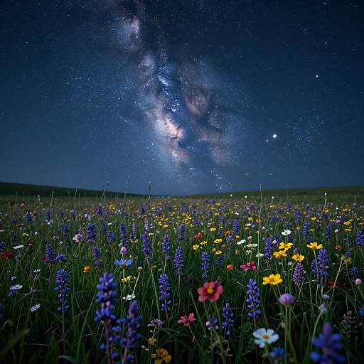 Photograph of a starry night sky over a vibrant meadow filled with colorful wildflowers, including purple, yellow, white, and red blooms.