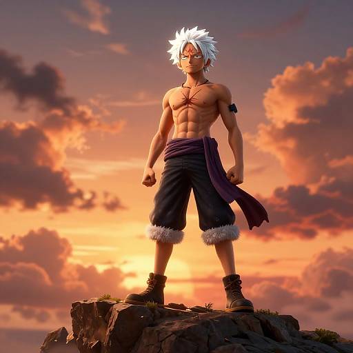 Digital anime-style illustration of a muscular, shirtless man with white spiky hair, standing on a rocky cliff at sunset, wearing dark pants and boots