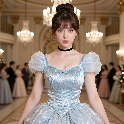 Photograph of an Asian woman with fair skin, dark hair in a bun, wearing a silver sequined ball gown with puffed sleeves, black ch