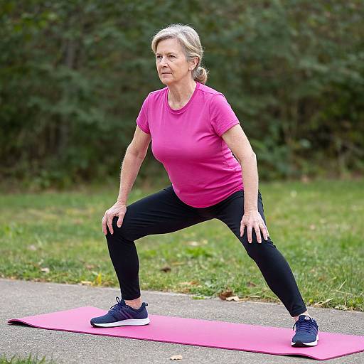 Photograph of a middle-aged white woman with blonde hair in a pink shirt and black pants, performing a wide squat on a pink yoga mat in a