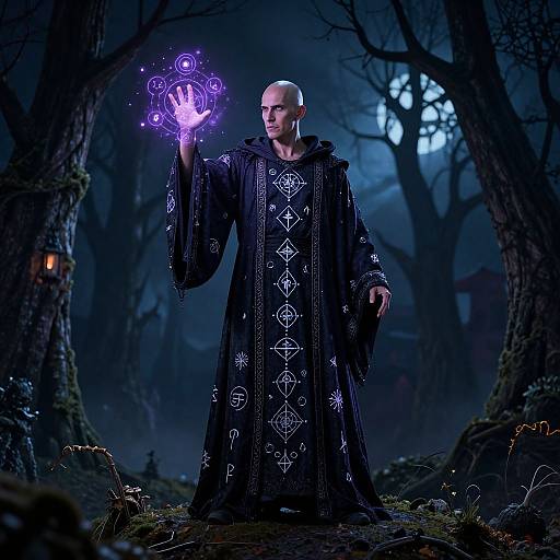 Photograph of bald, stern-looking man in black, patterned robe, holding glowing purple magical orb in dark, foggy forest.