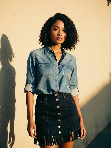 Stylish Woman in Denim Shirt and Fringe Skirt