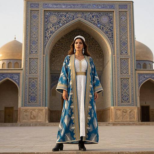 Woman in Blue Robe by Ornate Mosque