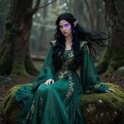 Digital fantasy artwork of an elf woman with long black hair, glowing purple eyes, green dress with gold leaf patterns, sitting on mossy forest rock.