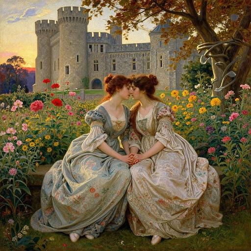 Victorian painting of two women in floral dresses, sitting in a blooming garden, kissing, with a castle backdrop at sunset.