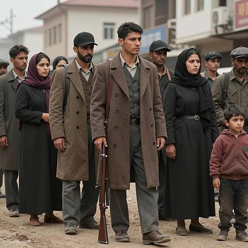 Group of People on Urban Street with Rifle