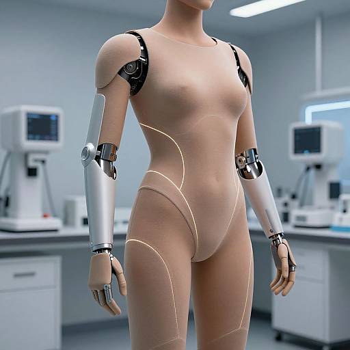 Photograph of a nude, humanoid robot with metallic arm joints, standing in a clinical laboratory with white equipment and monitors.