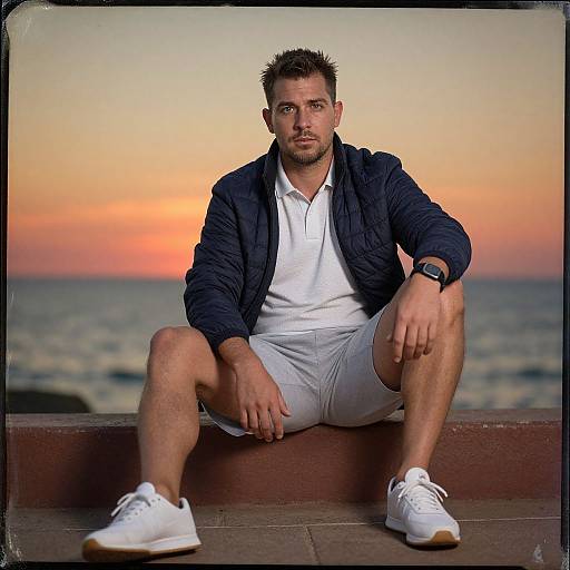 Photograph of a handsome, bearded man with short brown hair, wearing a navy jacket, white polo, and shorts, sitting on a seawall