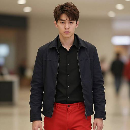 Photograph of an Asian male model with short black hair, wearing a black jacket, black shirt, and bright red pants, walking down a blurred,