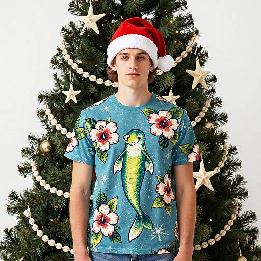 Young man in Santa hat, blue floral mermaid tee, stands before decorated Christmas tree with white stars and pearl garland.