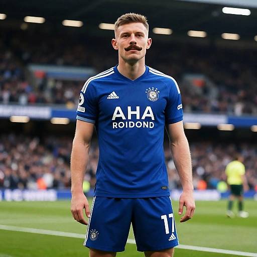 Photograph of a young, fit, white male soccer player with short brown hair and mustache, wearing a blue Chelsea FC jersey with 
