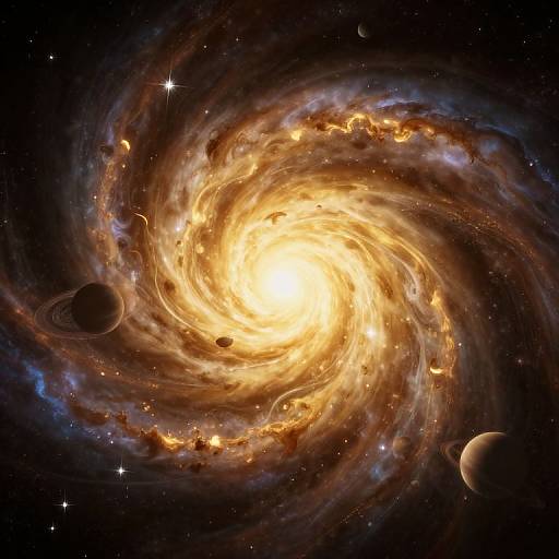 Photorealistic CGI of a swirling, yellow-orange galaxy with glowing core, surrounded by dark space, planets, and stars, highlighting cosmic beauty.