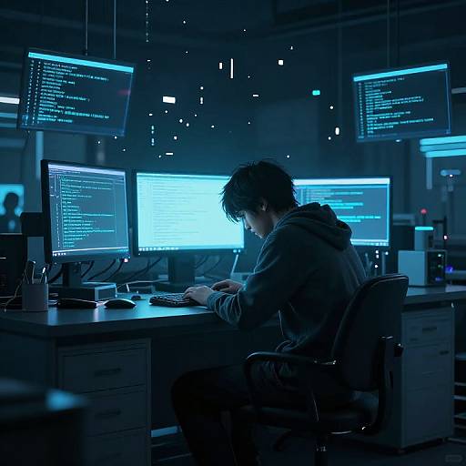 Photograph of a young man in a dark blue hoodie, sitting at a desk in a dimly lit, blue-hued tech lab, intensely working