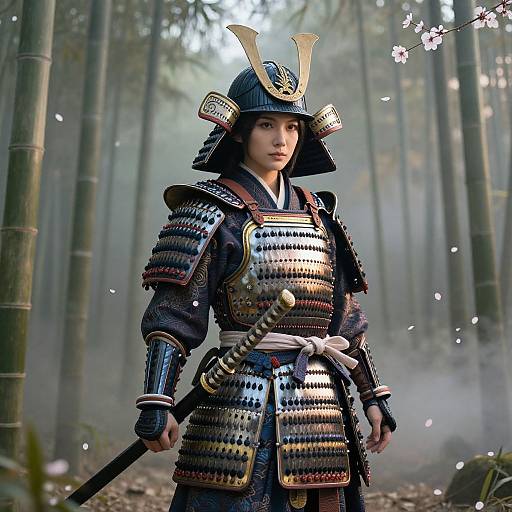 Digital art of a Japanese samurai woman in detailed armor with horned helmet, standing in a misty bamboo forest. Cherry blossoms fall around her