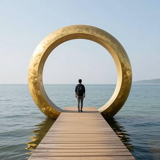 Photograph of a person in dark clothing standing on a wooden pier, approaching a large, golden, circular metal sculpture, with calm, blue water and