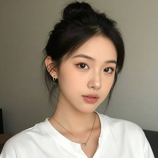 Photograph of an East Asian woman with fair skin, black hair in a messy bun, wearing a white top, gold necklace, and hoop earrings,
