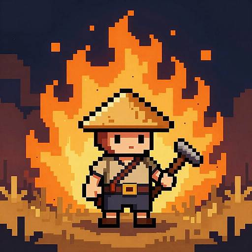 Pixel Art Warrior in Fiery Grass