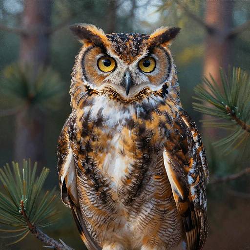 Photograph of a vividly colored, brown, black, and white spotted owl with bright yellow eyes, perched on a pine branch in a forest