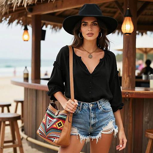 Bohemian Chic Woman at Beach Bar