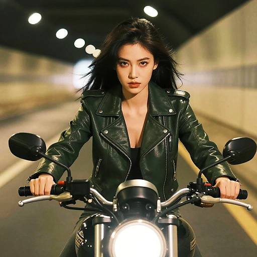 Photograph of a confident Asian woman with long black hair, wearing a black leather jacket, riding a motorcycle under a brightly lit tunnel at night.