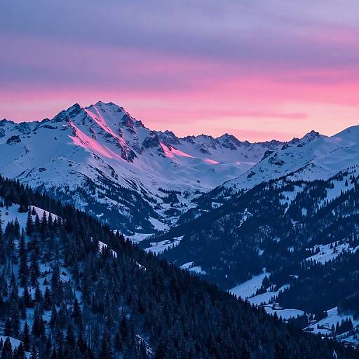 Photograph of snow-capped mountains at sunset, with pink and purple sky, dark evergreen forest in the foreground, and rugged peaks glowing in pink