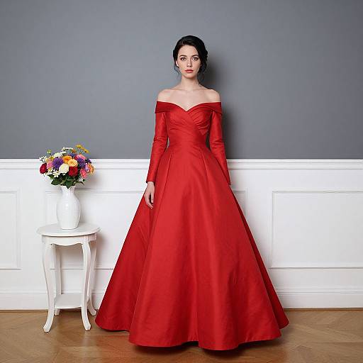Photograph of a fair-skinned woman in a red off-the-shoulder ball gown, standing against a gray and white wainscoted wall