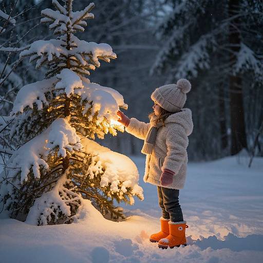 Photograph of a child in winter clothes, orange boots, and knit hat, lighting a snow-covered Christmas tree in a snowy forest at dusk.