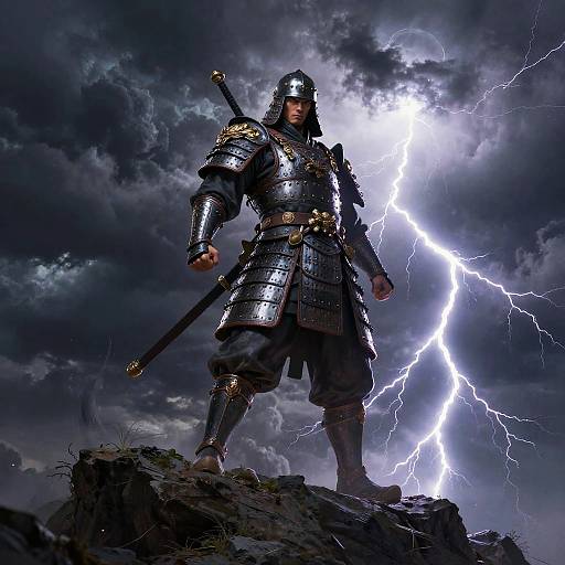 Digital artwork of a samurai warrior in dark armor, standing on a rocky cliff, with a bright lightning bolt behind him in a stormy sky.