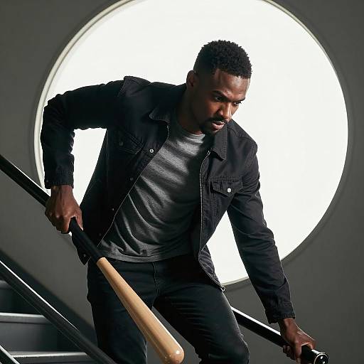 Man Climbing Staircase Holding Baseball Bat