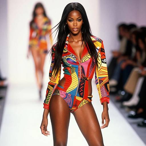 Photograph of a confident Black woman with long straight hair, wearing a vibrant, colorful, geometric-patterned, long-sleeved one-piece, str