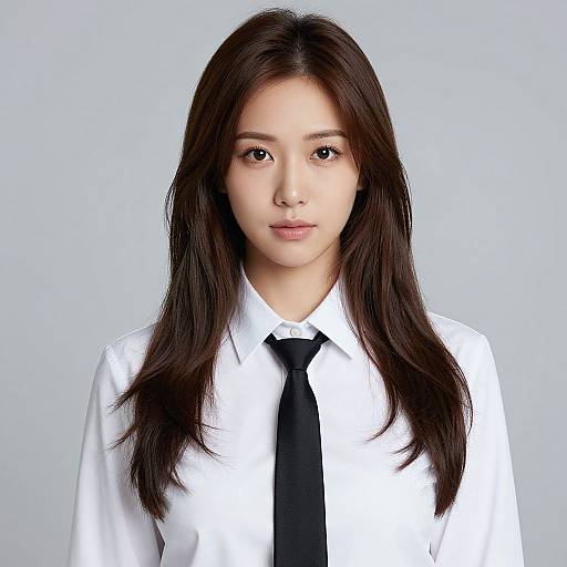 Photograph of an Asian woman with long dark brown hair, wearing a white shirt and black tie, against a plain light gray background.