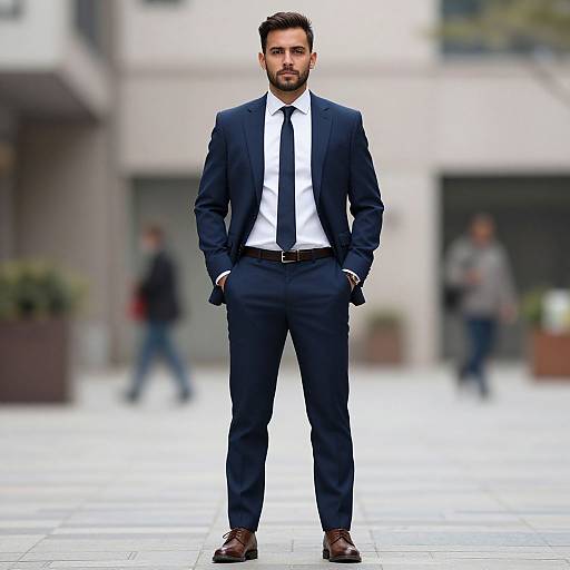 Photograph of a bearded man in a navy suit, white shirt, black tie, and brown shoes, standing confidently in a blurred urban setting with