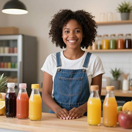 Photograph of smiling African-American woman with curly hair, wearing denim overalls and white shirt, standing behind a wooden counter with colorful juice bottles.