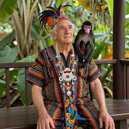 Photograph of an elderly Indigenous man with white hair, colorful feathered headdress, and intricately patterned shirt, sitting on a wooden bench with