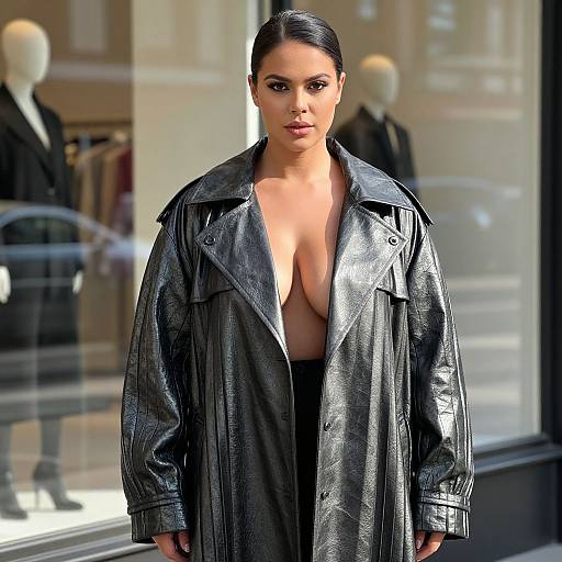 Photograph of a woman with dark hair in a sleek bun, wearing a black, open leather coat revealing large breasts, standing in front of a store