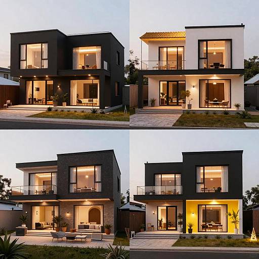 Photograph of four modern two-story houses at dusk, each with large glass windows, black and white exteriors, illuminated interiors, and outdoor seating areas