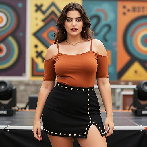 Curvy woman in casual chic outfit on art quarter stage