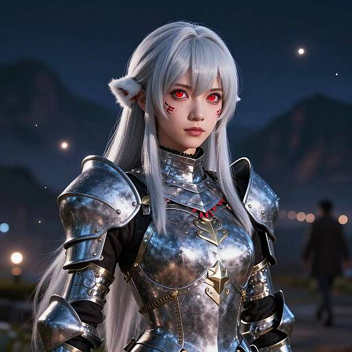 Silver-Haired Holy Knight Under Night Sky