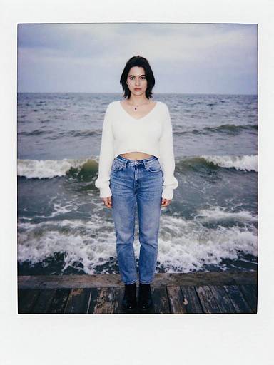 Photograph of a young woman with short black hair, wearing a white long-sleeve top and blue jeans, standing on a wooden pier against a